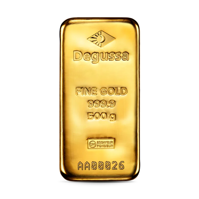 500 g Degussa Goldbarren (gegossen)